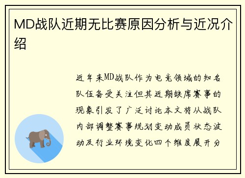 MD战队近期无比赛原因分析与近况介绍